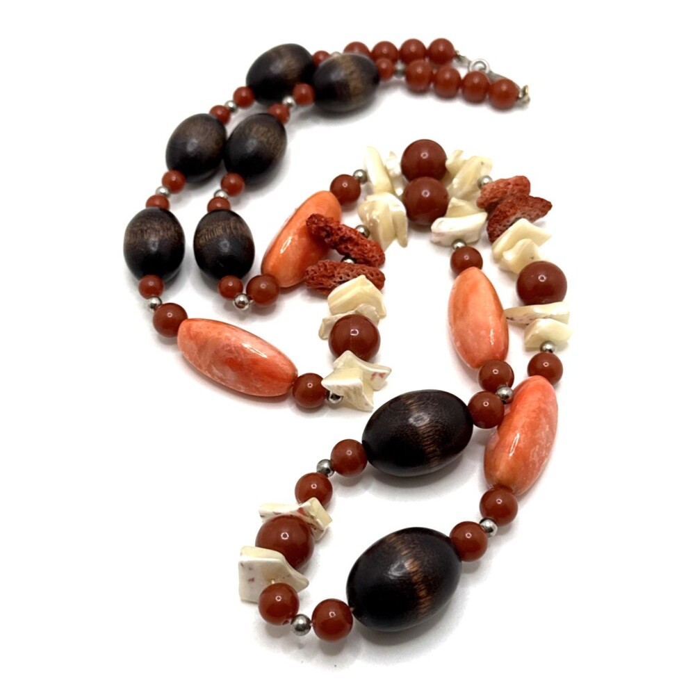 Vintage ALEXIS KIRK Beaded Necklace Red Coral Shell Wood Lucite Statement 30”